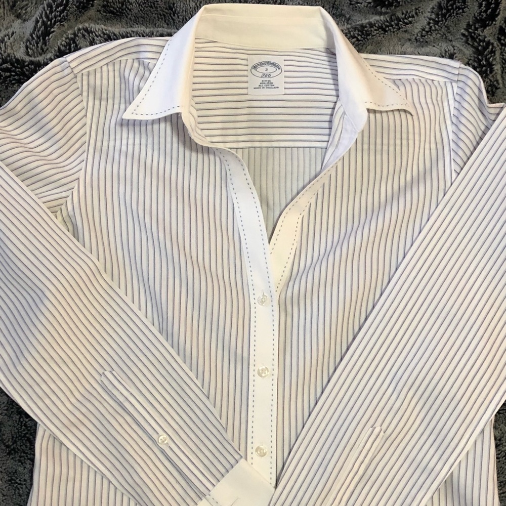 Brooks Brothers Non-iron dress shirt, white w blue, pink, & black stripe sz 2.